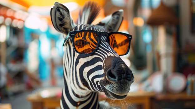 A stylish zebra wearing sunglasses and summer suit, Animal funny pop art, A zebra in summer clothes fashion.