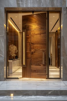 A large wooden door with a glass panel in front of it. The door is open and there is a vase on the floor in front of it. The room is well lit and has a modern feel