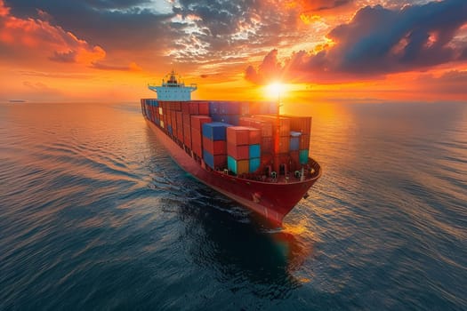 A large red ship is sailing on the ocean with the sun setting in the background. The ship is carrying a large number of containers, and the sky is filled with clouds