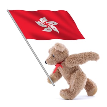 A Hong Kong flag being carried by a cute teddy bear