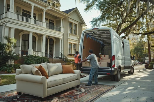 Two men are carrying a couch out of a white van. Moving House concept..