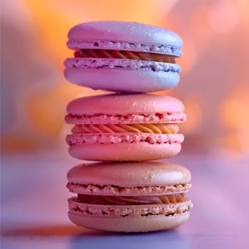 Three delicious macarons are delicately stacked on a table, showcasing the perfect combination of ingredients in these beloved baked goods