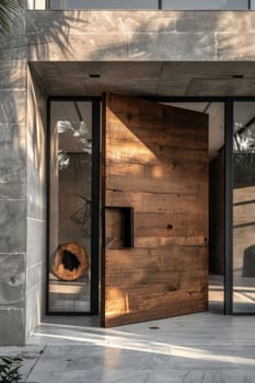 A large wooden door with a glass panel in front of it. The door is open and there is a vase on the floor in front of it. The room is well lit and has a modern feel