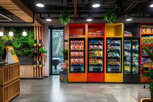 A colorful vending machine with a variety of food and drinks.