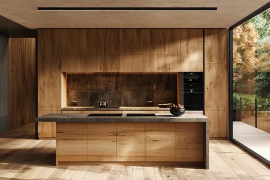 A kitchen with a granite countertop and wood cabinets. The kitchen is clean and well-organized