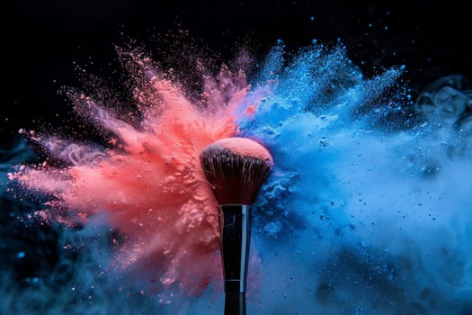 A makeup brush is covered in colorful powder, creating a vibrant and energetic atmosphere. The brush is surrounded by a cloud of smoke, adding to the dramatic effect