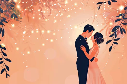 Illustration of Groom and Bride Dancing First Dance Surrounded by Twinkling Lights and Romantic Ambiance Concept Wedding Romance.