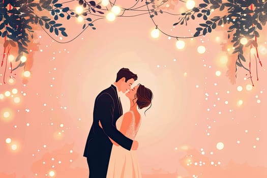 Illustration of Groom and Bride Dancing First Dance Surrounded by Twinkling Lights and Romantic Ambiance Concept Wedding Romance.