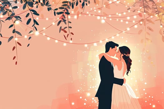 Illustration of Groom and Bride Dancing First Dance Surrounded by Twinkling Lights and Romantic Ambiance Concept Wedding Romance.