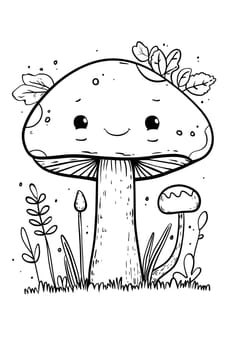 A monochromatic illustration of a mushroom with a butterfly resting on it. The art captures a happy gesture of a vertebrate organism in a cartoonish style