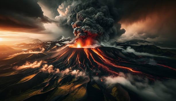 A dramatic image capturing the Grindavik volcano in Iceland as it erupts smoke, showcasing the rugged landscape.
