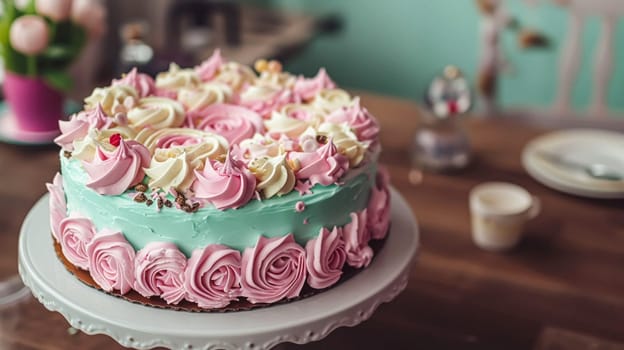 Birthday tablescape or candy bar with sweets, Birthday cake and cupcakes, beautiful party and celebration