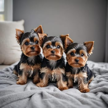 Adorable little three yorkies. Banner for canine products promotion