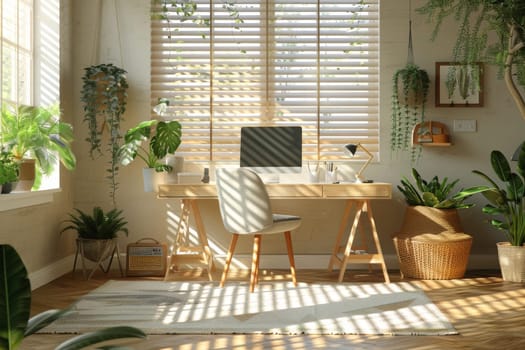 A small office with a wooden desk and chair, a computer monitor, and a potted plant