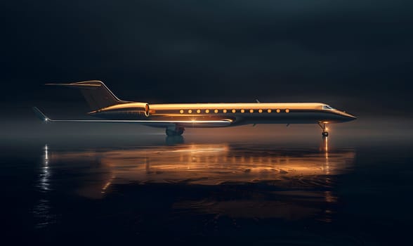 An aircraft manufactured by an aerospace manufacturer is parked on the tarmac under the night sky, ready for air travel. The sleek vehicle awaits its next flight