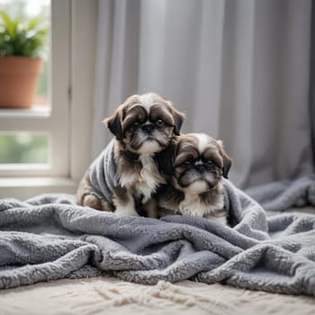 Beautiful puppies on a blanket, backlight, portrait photo, generated AI .Space for text. Banner for canine products promotion
