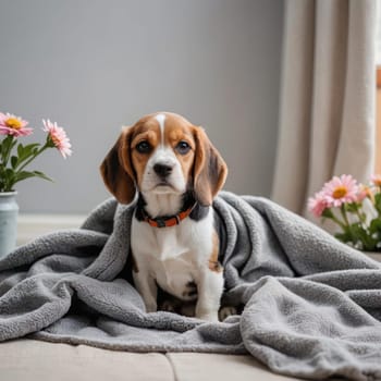 Little beagle pet near a window ,backlight, portrait photo, generated Ai. Banner for canine products promotion