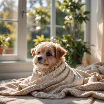 Adorable little pup by the garden windowin a sunny day . Generated by Ai. Banner for canine products promotion. Pet care concept