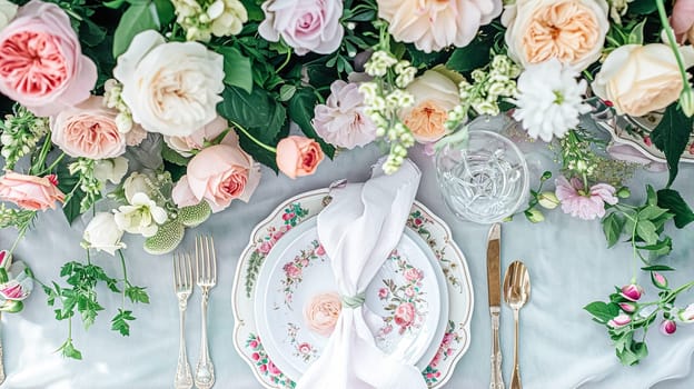 Beautifully set table for a garden party, adorned tablescape with vibrant floral arrangements, under the shade of blossoming rose bushes, inviting a sense of elegance and natural charm