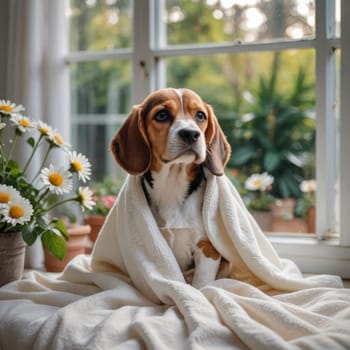 Little beagle puppy by the window of the garden,backlight, portrait photo, generated Ai. Banner for canine products promotion