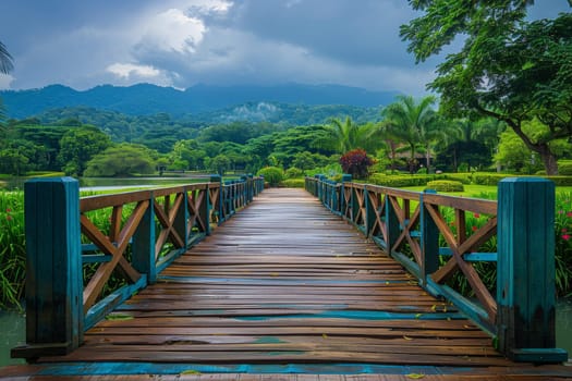 A bridge over a body of water with a view of mountains in the background. The bridge is made of wood and is surrounded by trees