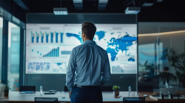 A man stands in front of a large monitor displaying a map of the world. He is looking at the screen intently, possibly analyzing data or information. Concept of focus and concentration