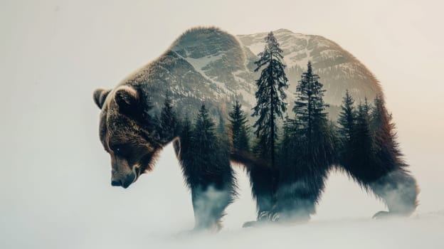 Brown bear in double exposure with taiga forest and mountain scenery.