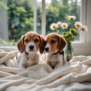 Twin beagle puppies by the window of the garden,backlight, portrait photo, generated Ai. Space for text Banner for canine products promotion