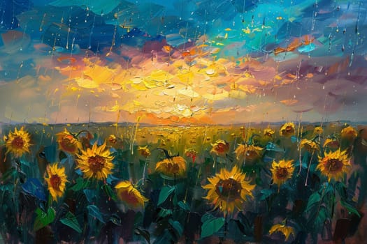 A painting of a field of sunflowers with a cloudy sky in the background. The painting conveys a sense of tranquility and beauty, as the sunflowers are the main focus