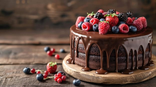 A chocolate cake with blueberries and raspberries on top indulgence for a Chocolate Day banner.