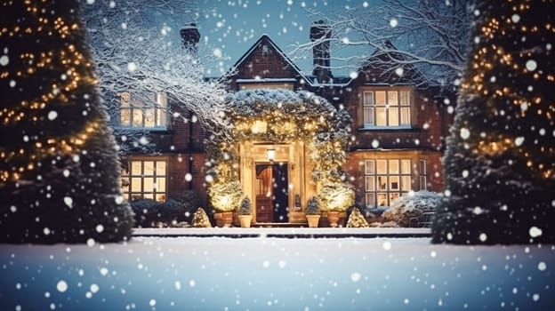 Christmas in the countryside manor, English country house mansion decorated for holidays on a snowy winter evening with snow and holiday lights, Merry Christmas and Happy Holidays design