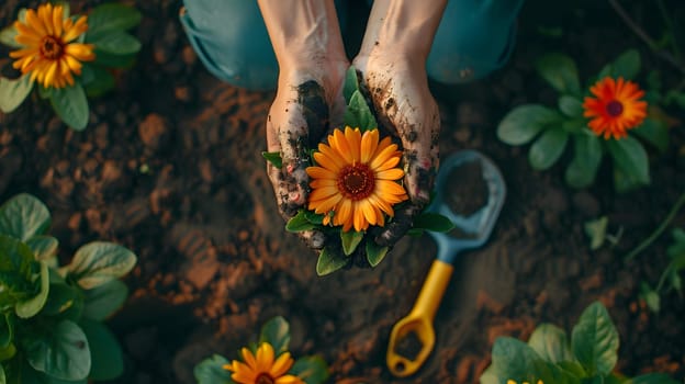 A person is gently holding a vibrant orange flower in their hands amidst the lush greenery of a garden, showcasing a delicate gesture towards the beautiful plant organism