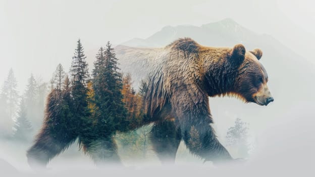 Brown bear in double exposure with taiga forest and mountain scenery.