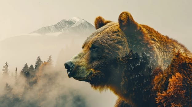 Brown bear in double exposure with taiga forest and mountain scenery.