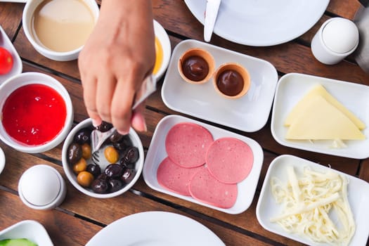 top view of turkish breakfast on table .