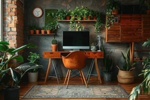 A small office with a wooden desk and chair, a computer monitor, and a potted plant