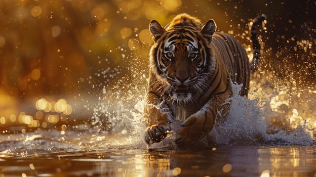 A tiger is running through the water, leaving a trail of splashes behind it.