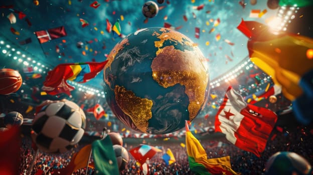 Energetic Background Showcasing Globe Surrounded by Various Sports Equipment and National Flags Concept International Sports Festival Spirit.