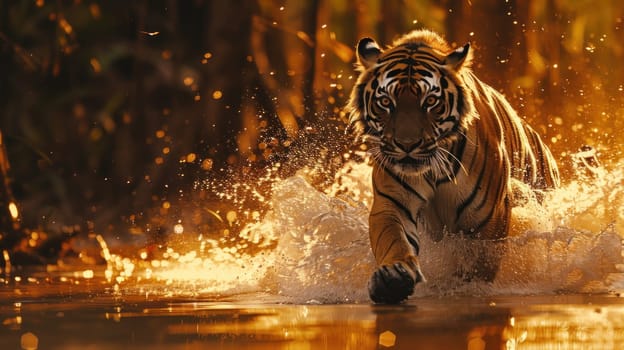 A tiger is running through the water, leaving a trail of splashes behind it. The scene is dynamic and full of energy, with the tiger's movements creating a sense of motion and excitement