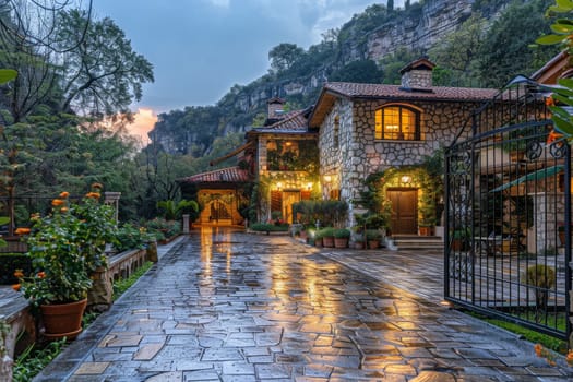 A large house with a stone roof and a stone walkway.