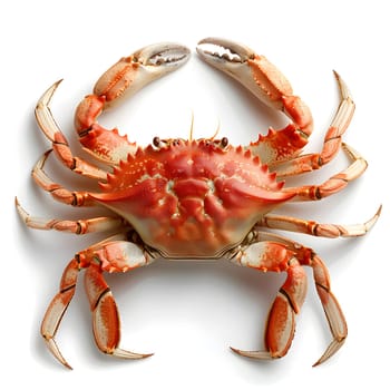 A closeup photo of an electric blue and peach colored crab, a decapod crustacean. This invertebrate arthropod is a terrestrial animal often enjoyed as seafood, set against a clean white background