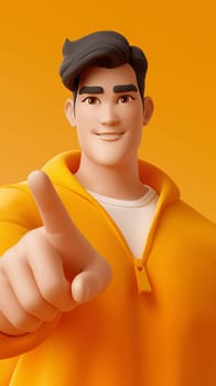 A smiling, stylized male animated character dressed in orange attire extends a hand in a welcoming or choosing gesture against a monochrome background - Generative AI