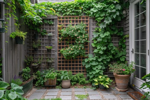 A small garden with a wooden fence and a trellis. The trellis is covered with vines and has a few potted plants