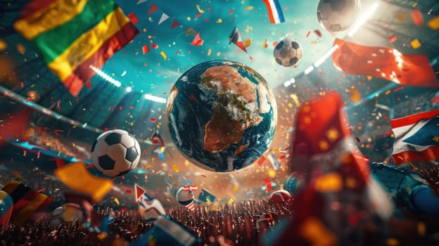 Energetic Background Showcasing Globe Surrounded by Various Sports Equipment and National Flags Concept International Sports Festival Spirit.