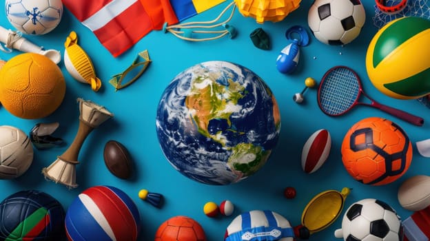 Energetic Background Showcasing Globe Surrounded by Various Sports Equipment and National Flags Concept International Sports Festival Spirit.
