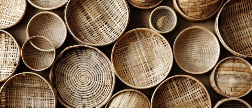 Woven Bamboo Baskets in Various Sizes and Shapes Displayed in Top View Concept Showcasing Traditional Thai Craftsmanship.