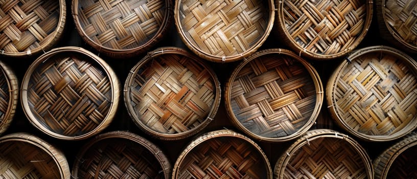 Woven Bamboo Baskets in Various Sizes and Shapes Displayed in Top View Concept Showcasing Traditional Thai Craftsmanship.