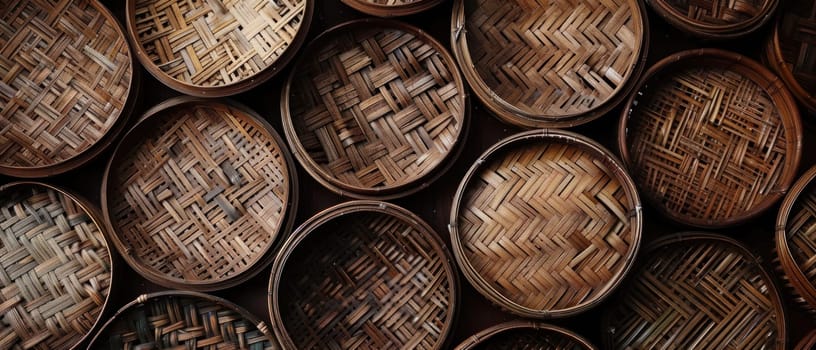 Woven Bamboo Baskets in Various Sizes and Shapes Displayed in Top View Concept Showcasing Traditional Thai Craftsmanship.
