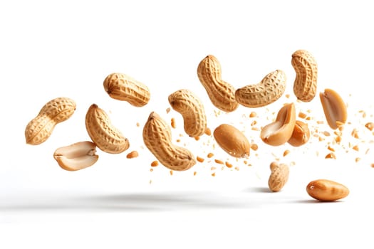 Nuts seeds like peanuts are falling in the air above a white background, a common ingredient in various cuisines, and a staple food known for being a superfood