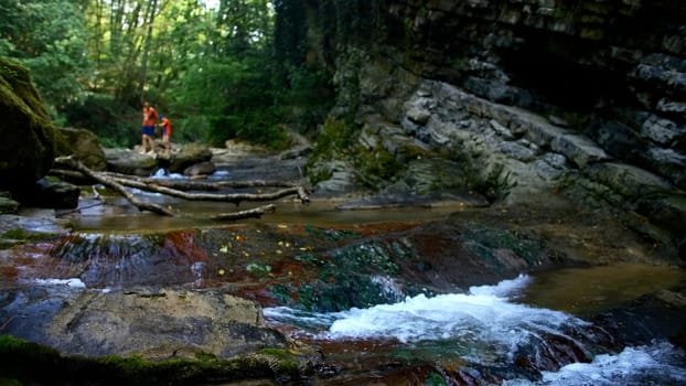 Beautiful summer creek and green jungles. Creative. Cold water stream and people on the background